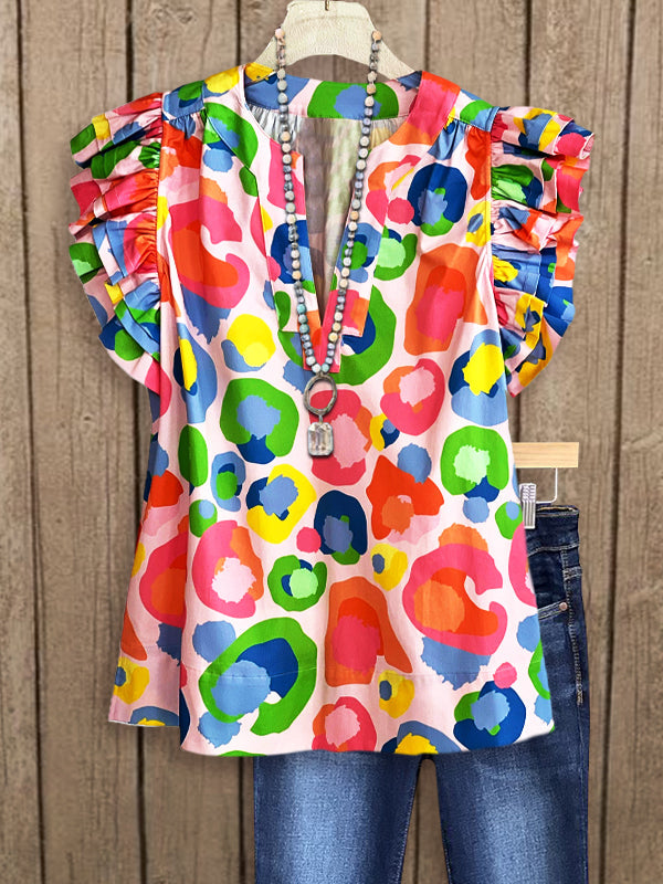 Colorful Geometric Print Layered Ruffle Top