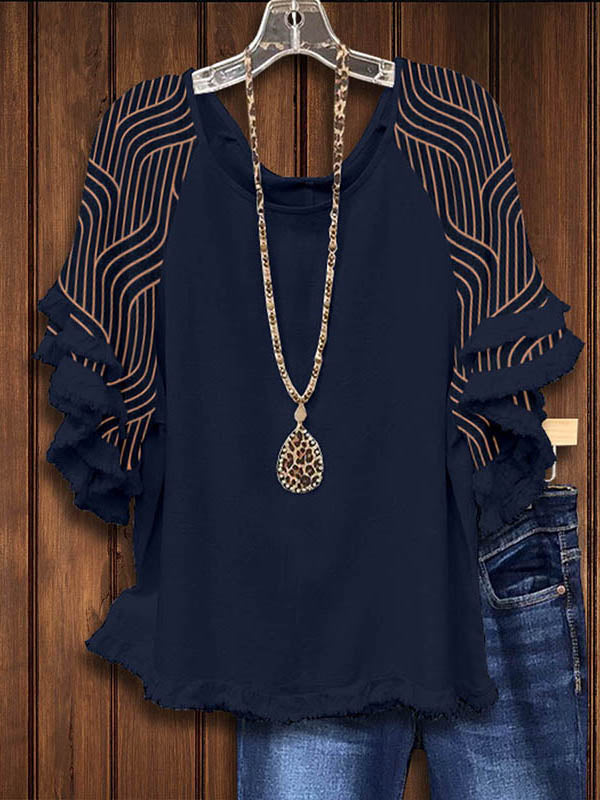 Rules Line Print Fringed Blouse