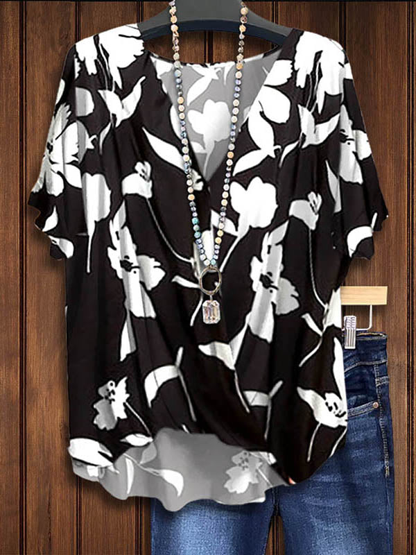 Vintage Nature Print Crossover Blouse