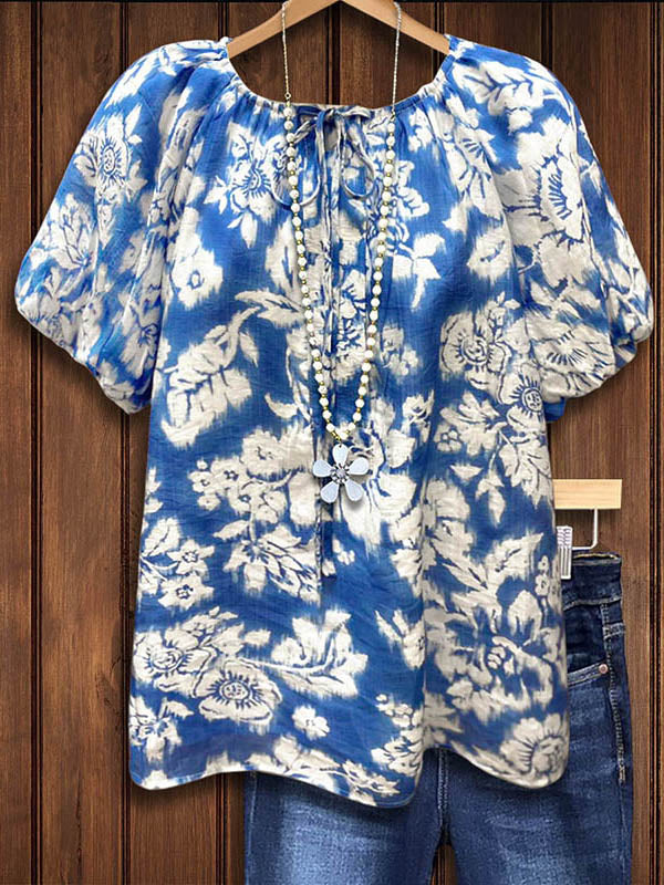 Blurred Floral Printed Puff Sleeve Blouse