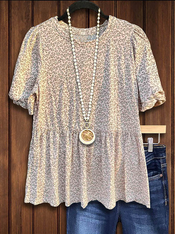Leopard Print Puff Sleeves Pleated Tee