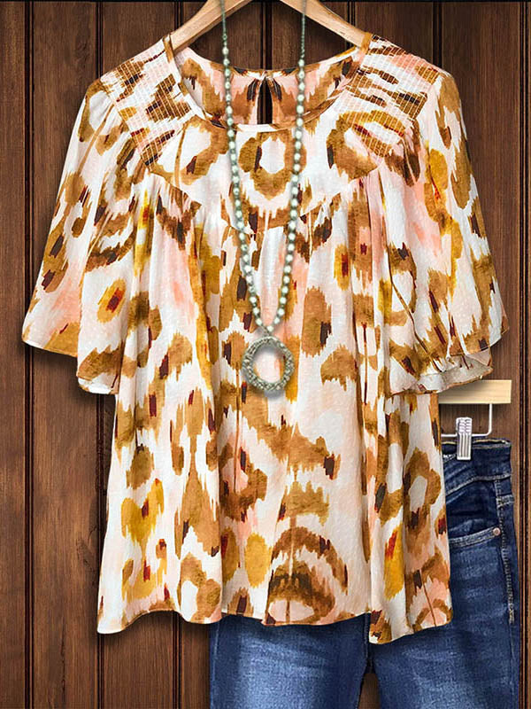 Ethnic Print Patchwork Gathered Blouse