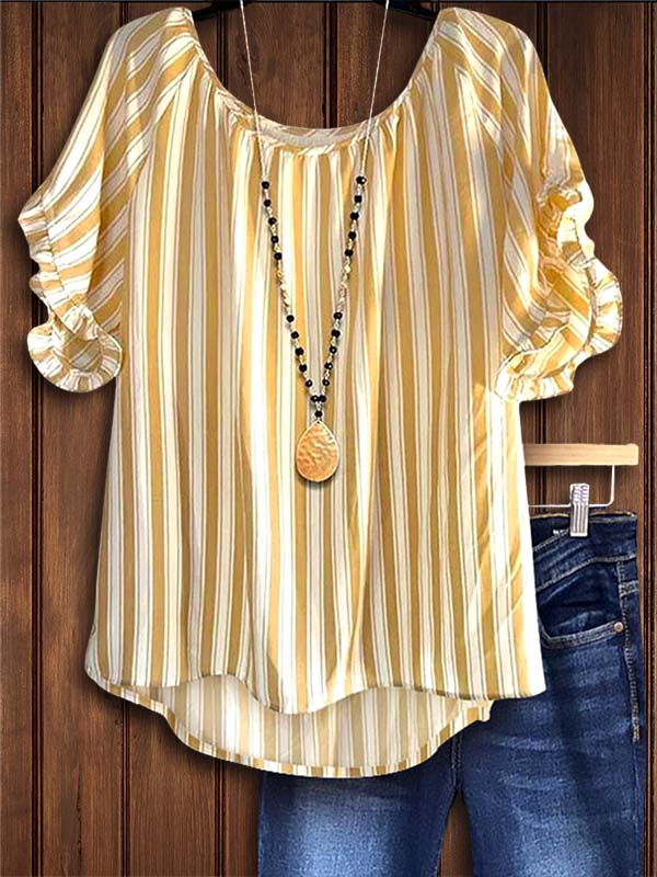 Striped Printed Ruffle Sleeve Blouse