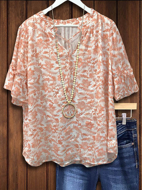 Botanical Print Ruffle Sleeve Blouse