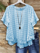 Vintage Plaid Ruffled Babydoll Blouse In Baby Blue