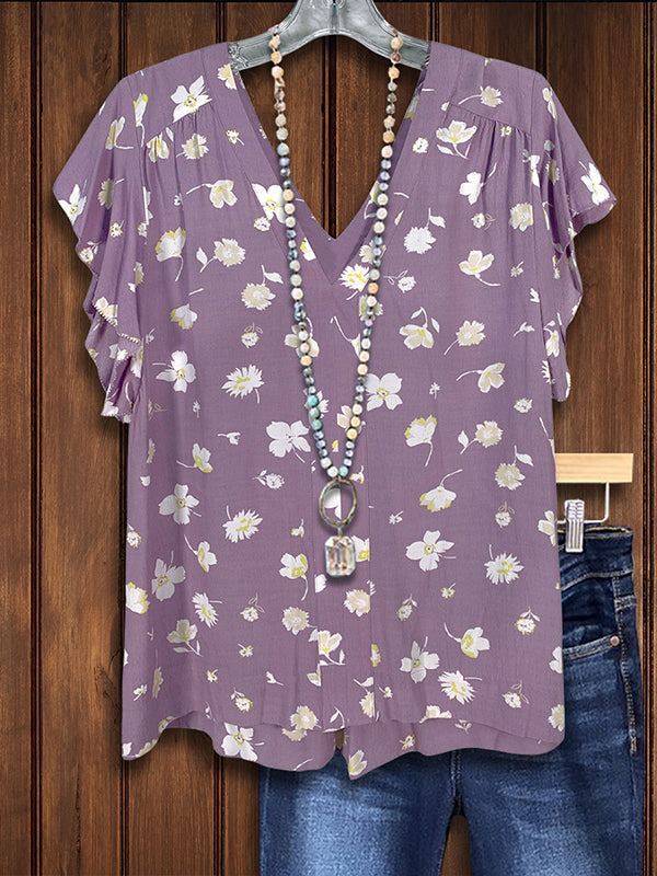 Floral Print Pleated Ruffle Blouse