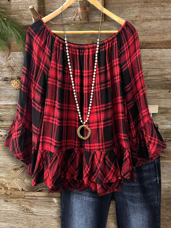 Temperament Red Plaid Ruffle Sleeve Blouse