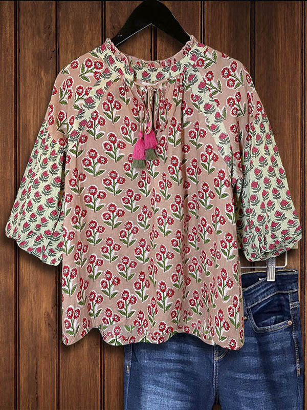 Vintage Floral Patchwork Fringed Lace-Up Blouse