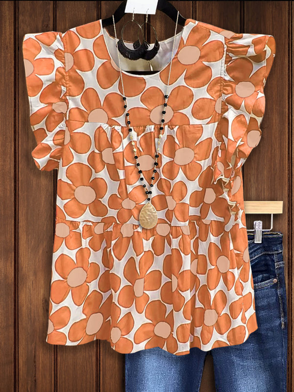 Flower Print Ruffled Casual Blouse