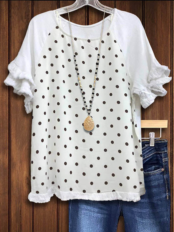 Polka-Dot Paneled Ruffled Casual Blouse