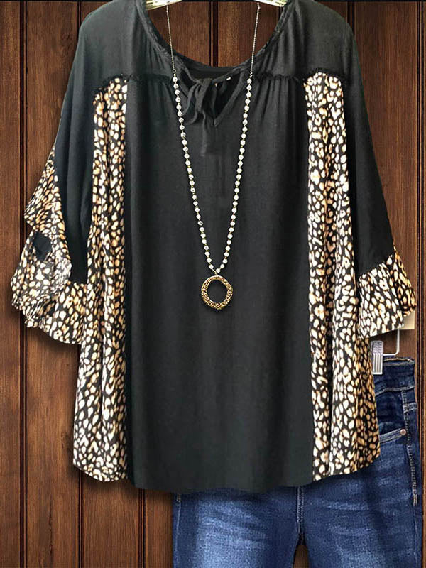 Leopard Print Patchwork Ruffled Lace-Up Blouse