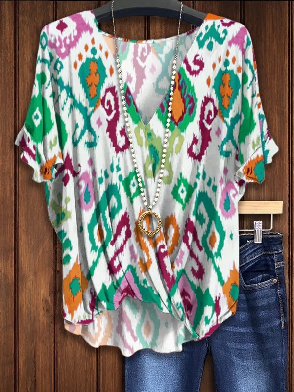 Abstract Print Cross-Collar Casual T-Shirt