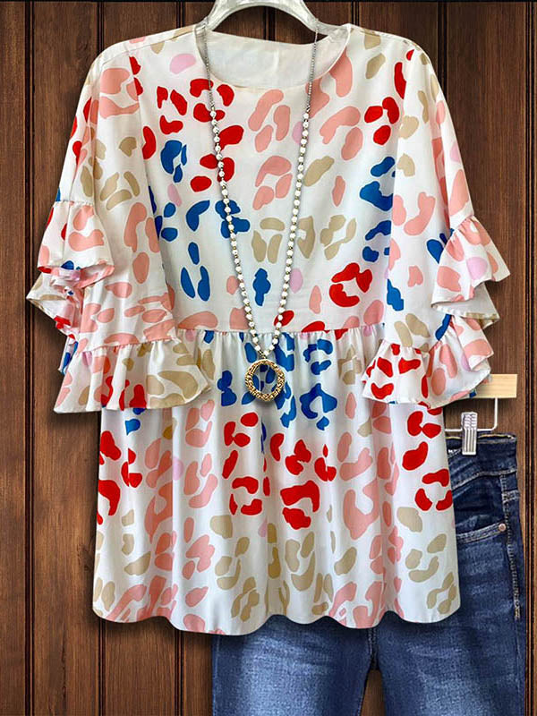 Colorful Leopard Ruffle Casual Blouse