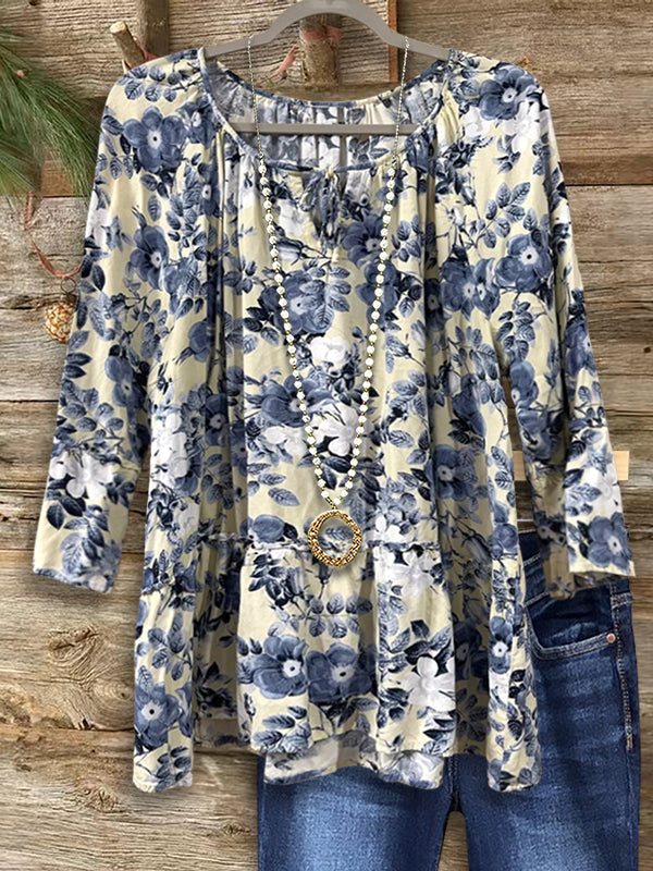 Retro Blue Floral Print Casual Blouse